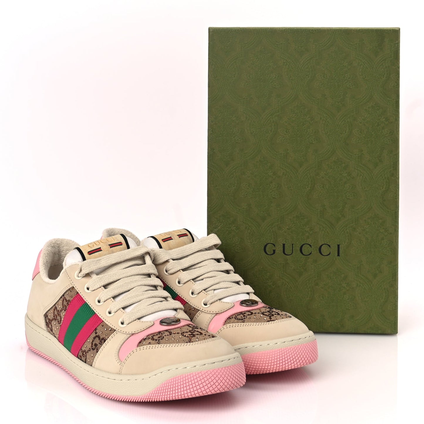 Gucci Calfskin GG Supreme Crystals Web Screener Sneakers Beige Ebony Wild Rose