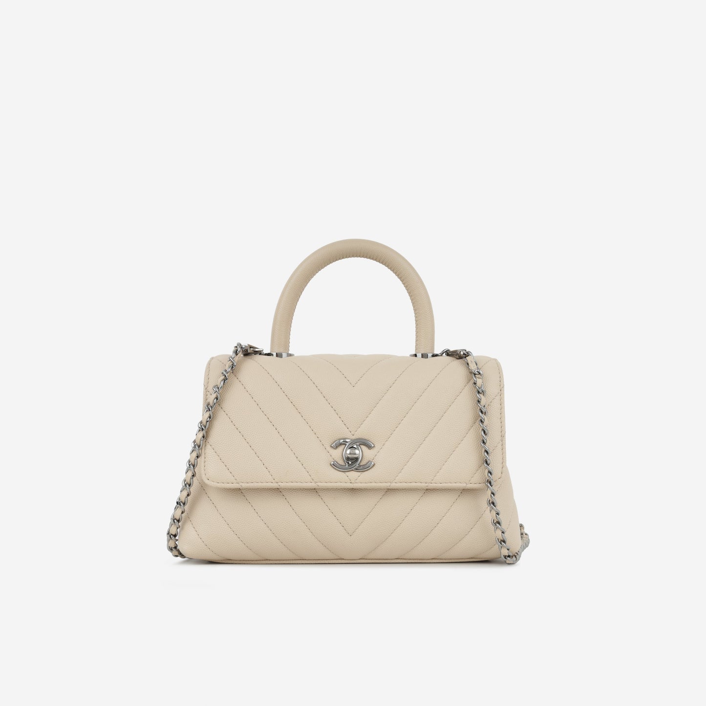 Chanel Small Coco Handle - Beige Chevron Caviar | Ruthenium Hardware