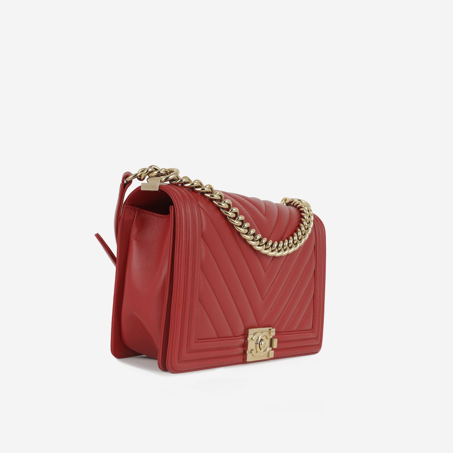Chanel New Medium Boy Bag - Red Chevron Lambskin | Champagne Gold Hardware