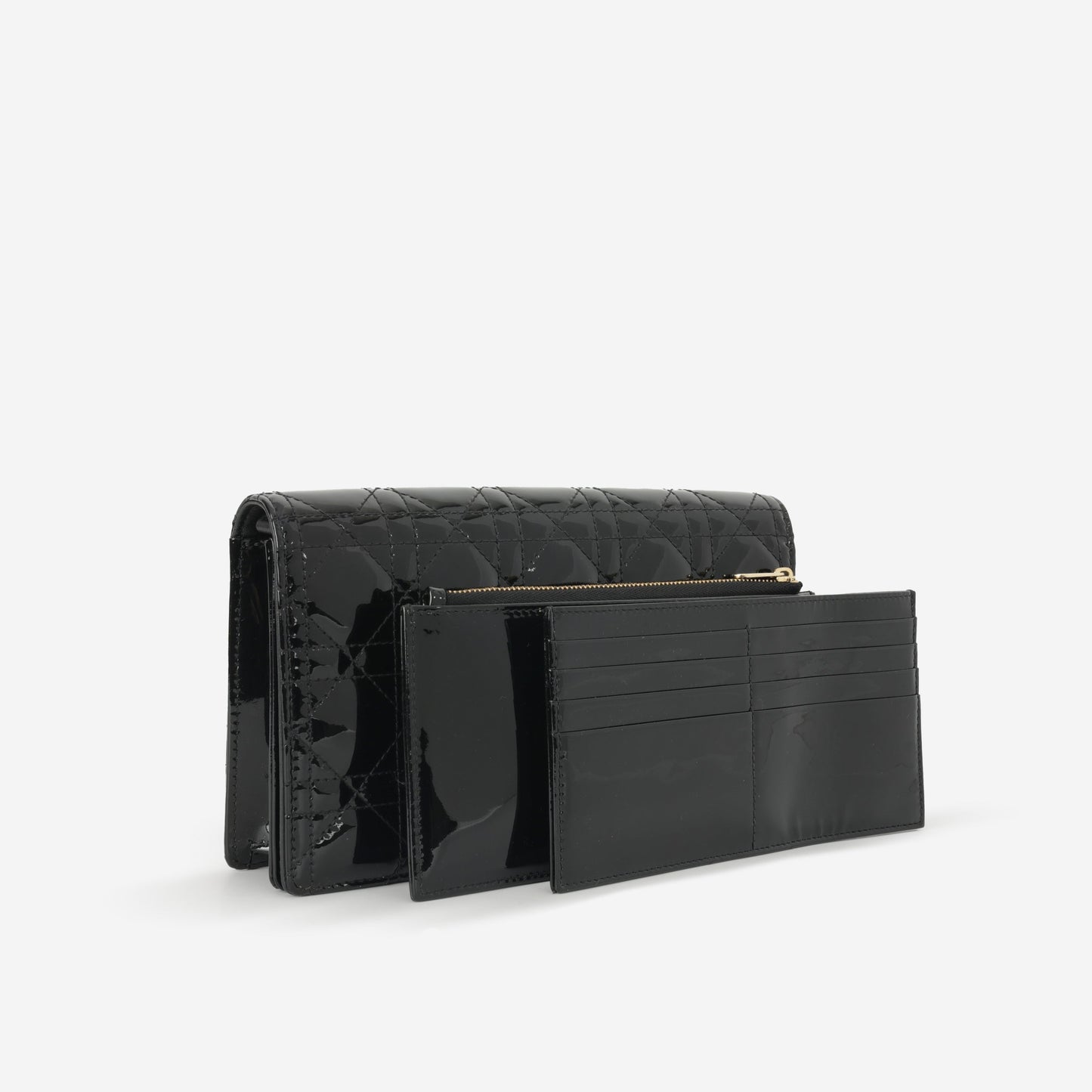 Dior Lady Dior Pouch - Black Patent Cannage | Champagne Gold Hardware