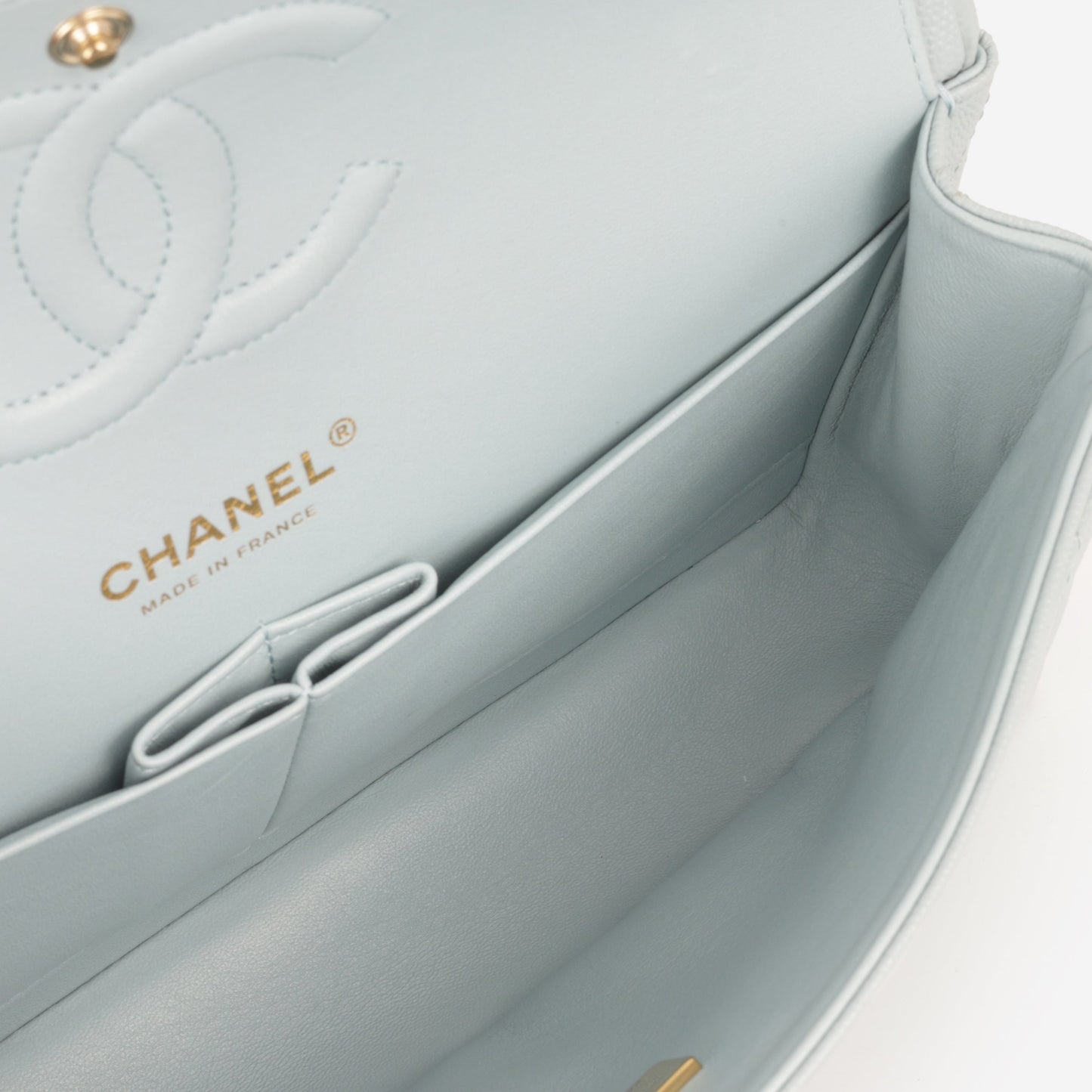 Chanel Medium Classic Flap - Light Blue Caviar | Champagne Gold Hardware