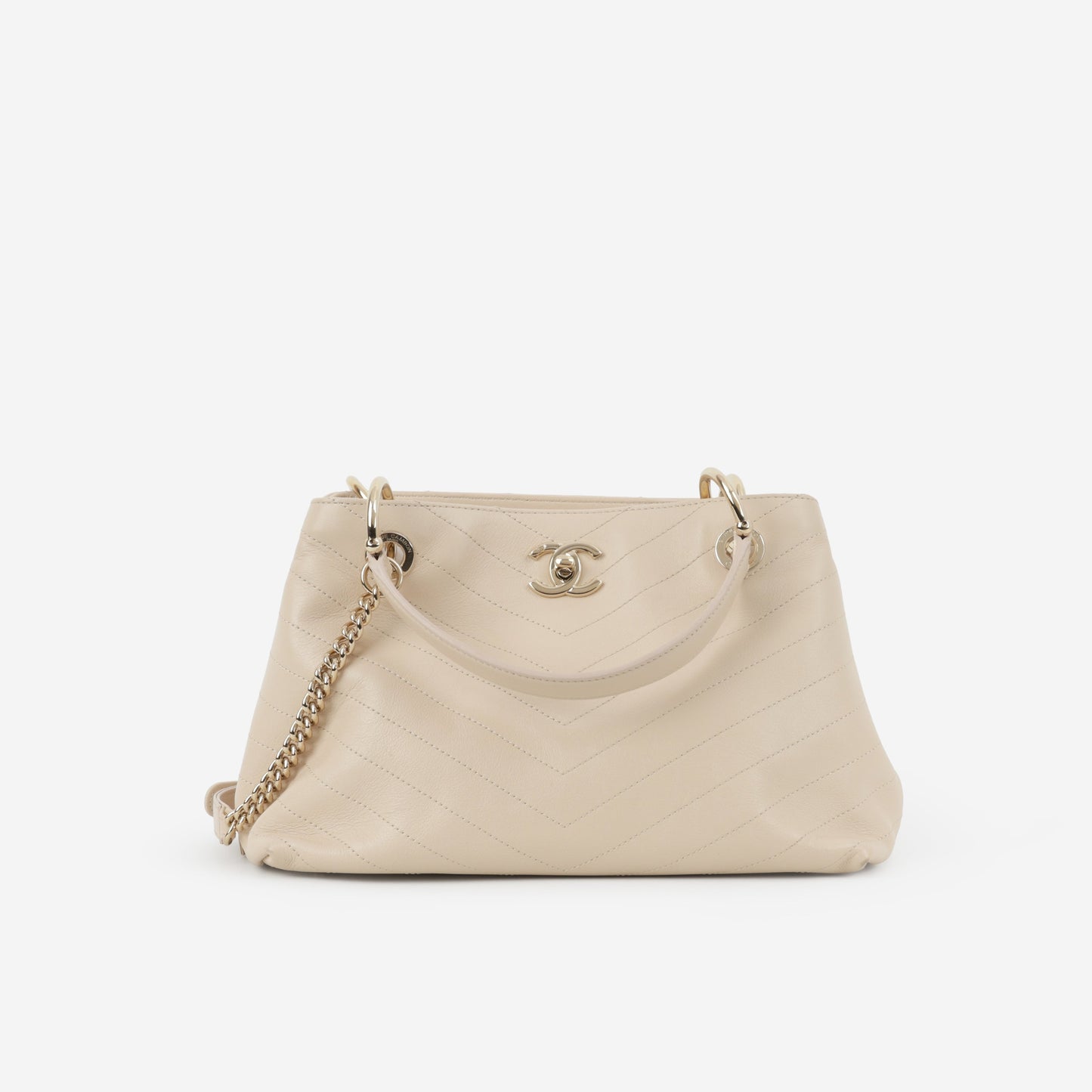 Chanel Small Chic Shopping Tote - Beige Chevron Calfskin | Champagne Gold Hardware