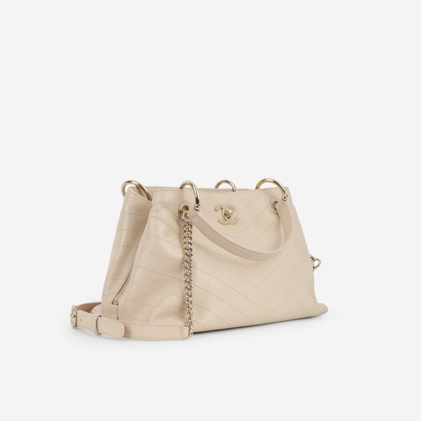 Chanel Small Chic Shopping Tote - Beige Chevron Calfskin | Champagne Gold Hardware