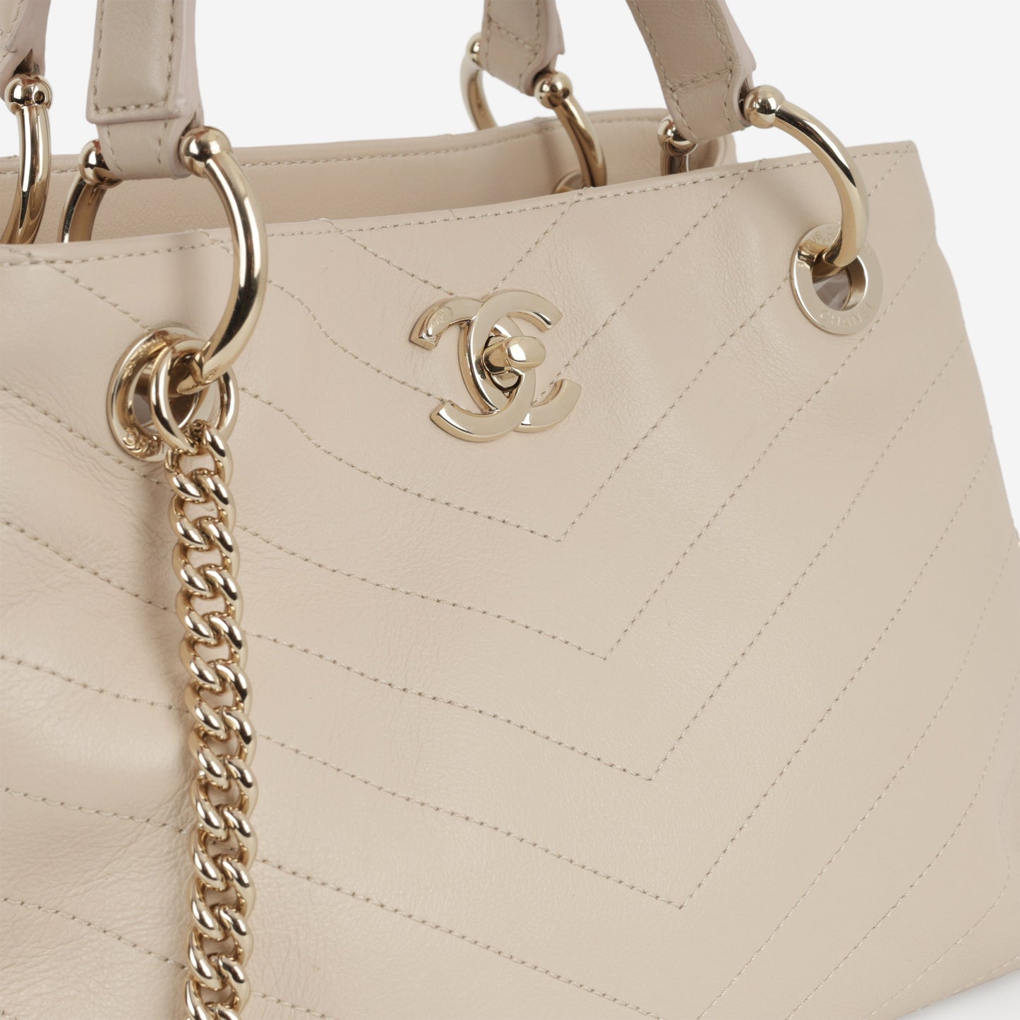 Chanel Small Chic Shopping Tote - Beige Chevron Calfskin | Champagne Gold Hardware