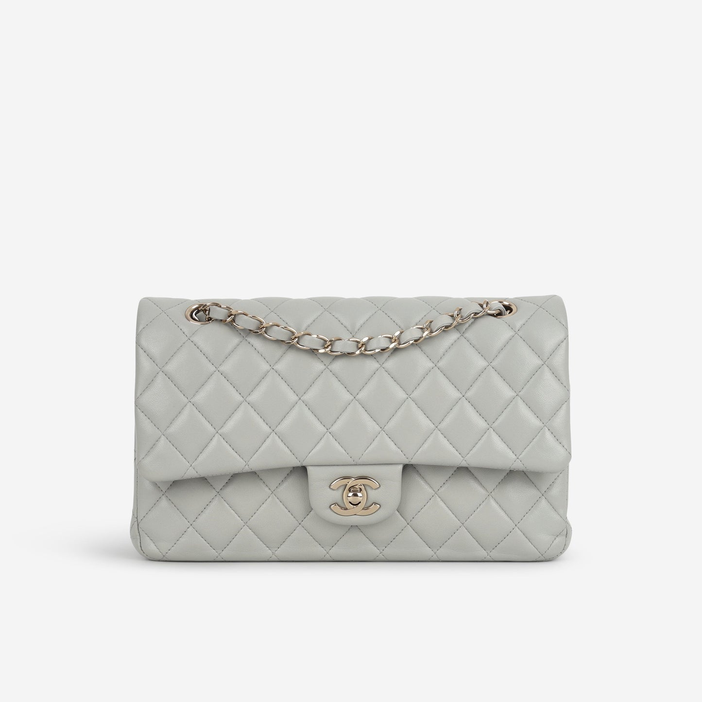 Chanel Medium Classic Flap - Light Grey Lambskin | Champagne Gold Hardware