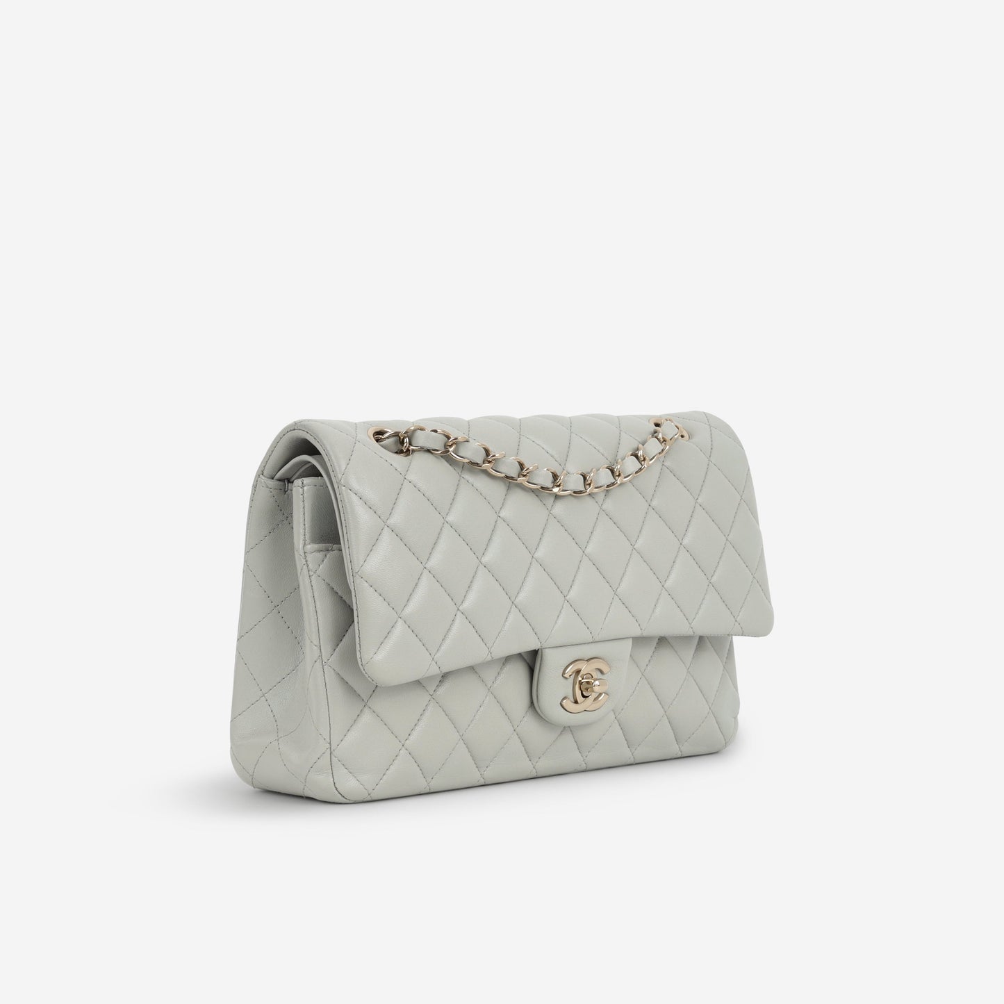 Chanel Medium Classic Flap - Light Grey Lambskin | Champagne Gold Hardware