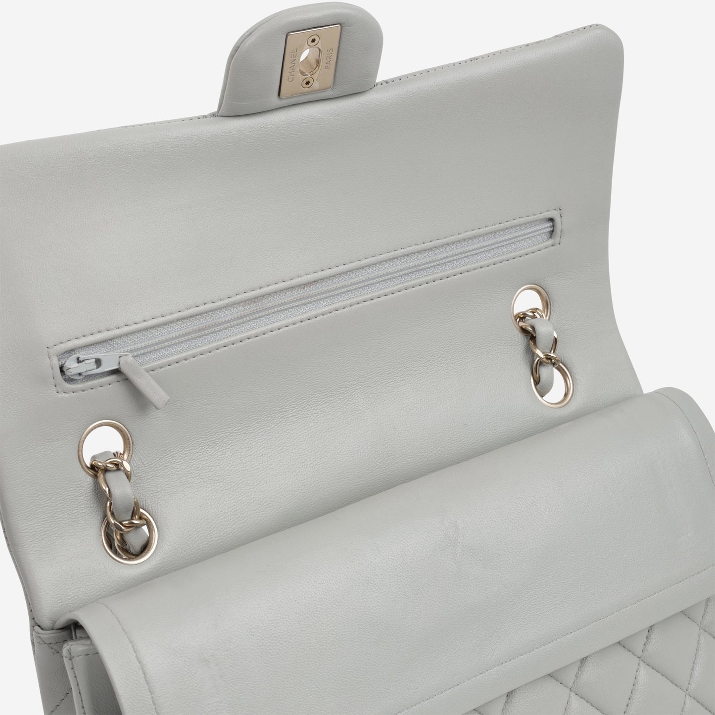 Chanel Medium Classic Flap - Light Grey Lambskin | Champagne Gold Hardware