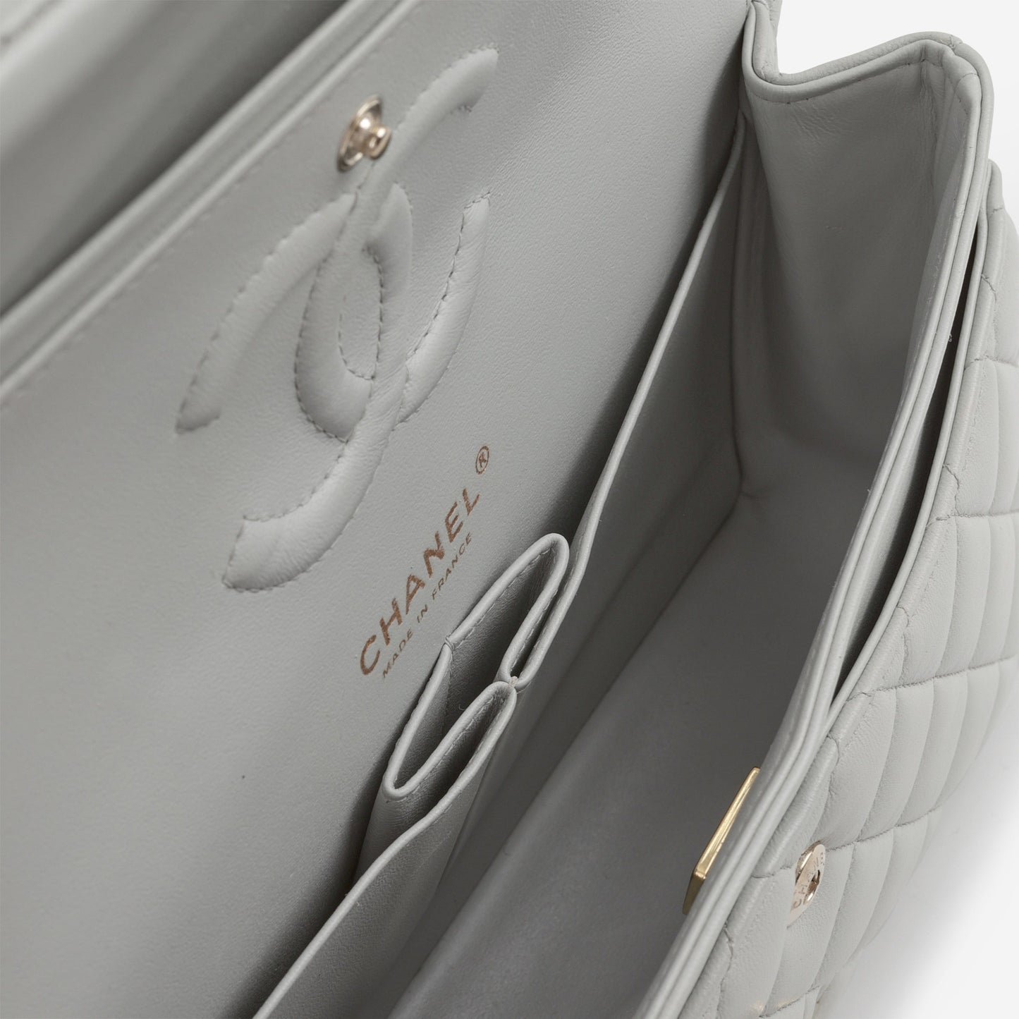 Chanel Medium Classic Flap - Light Grey Lambskin | Champagne Gold Hardware