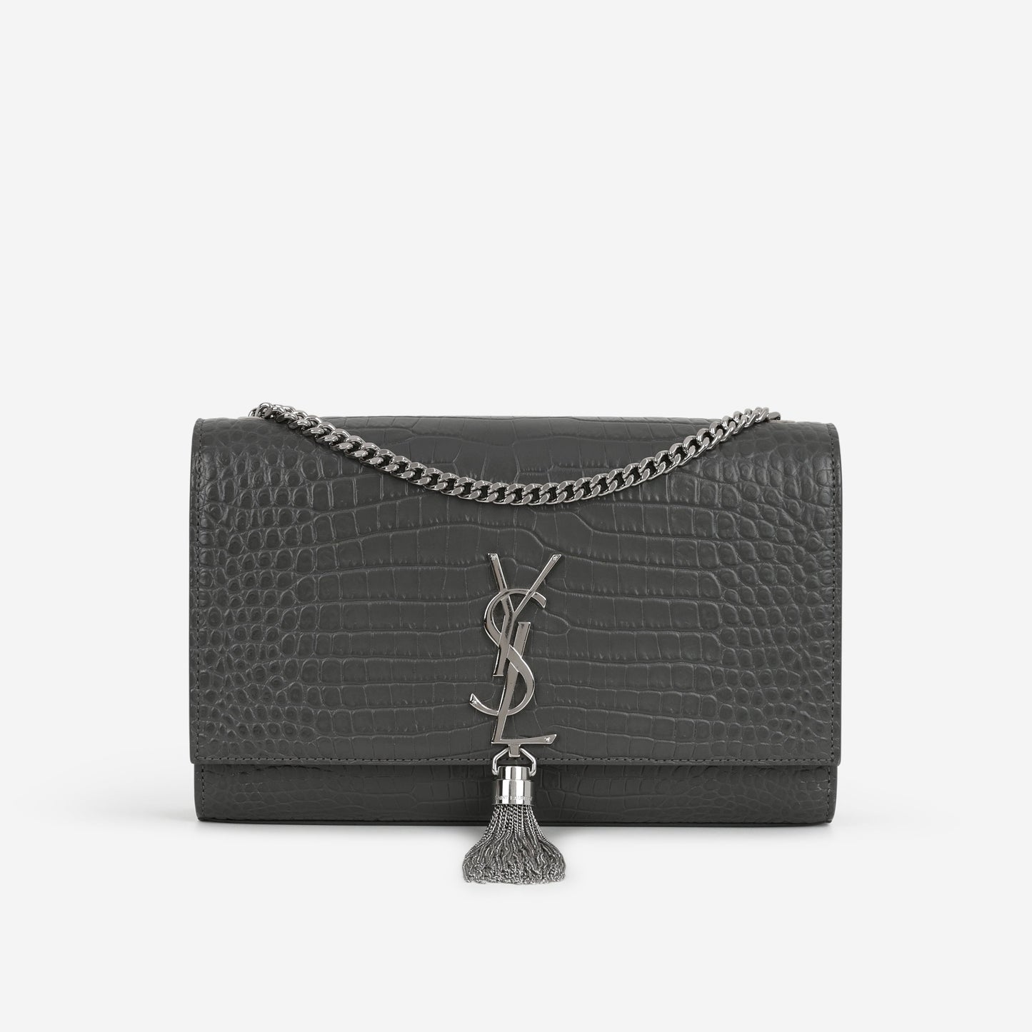 Saint Laurent Medium Kate Tassel Bag - Grey Croc Embossed | Silver Hardware