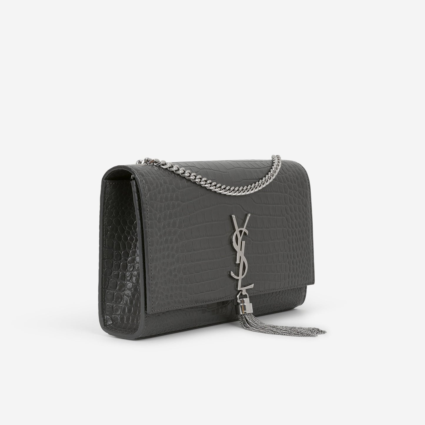 Saint Laurent Medium Kate Tassel Bag - Grey Croc Embossed | Silver Hardware