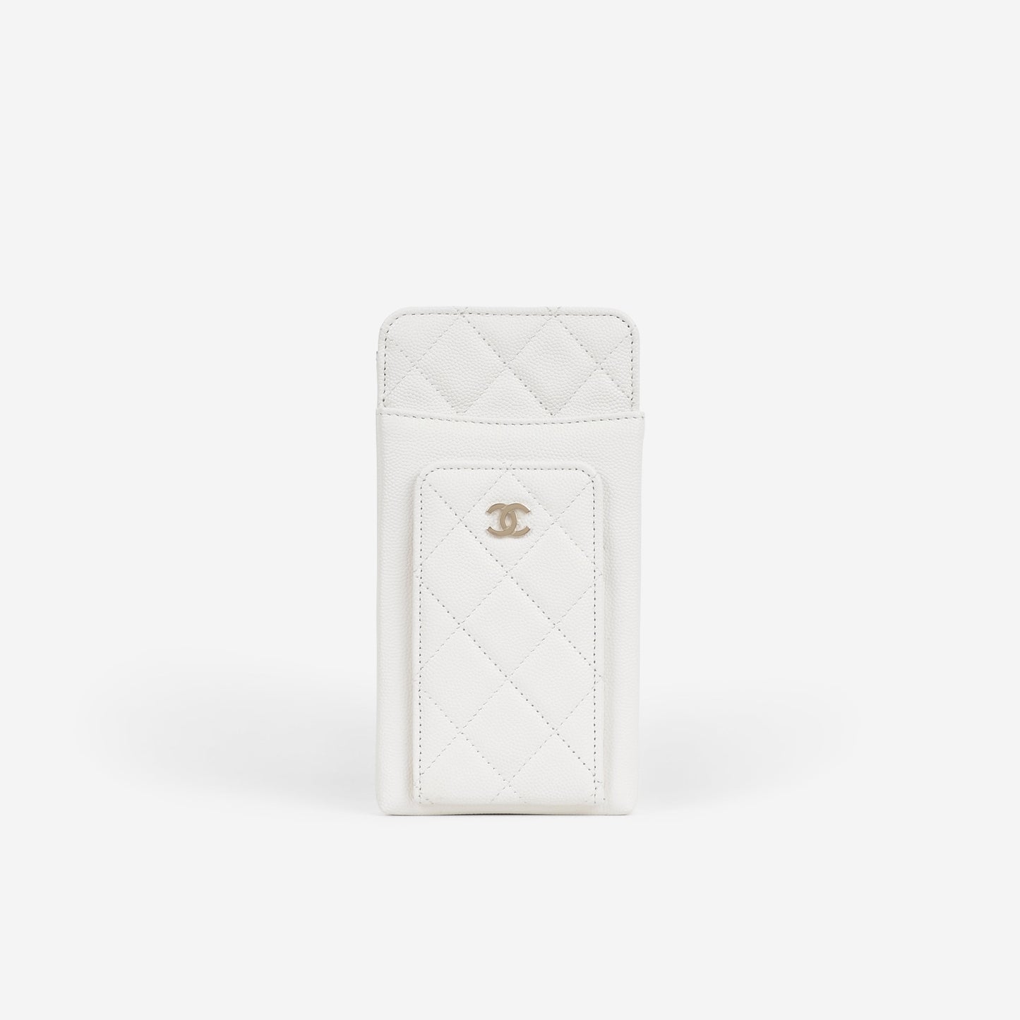 Chanel CC Phone Holder - White Caviar | Champagne Gold Hardware