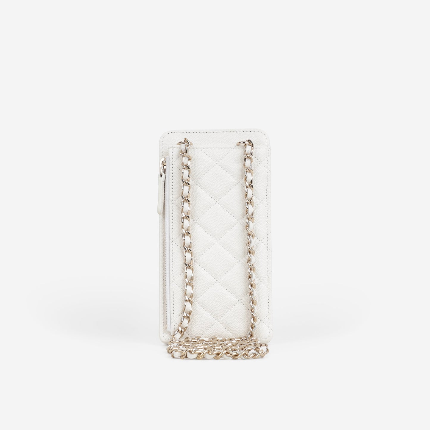 Chanel CC Phone Holder - White Caviar | Champagne Gold Hardware