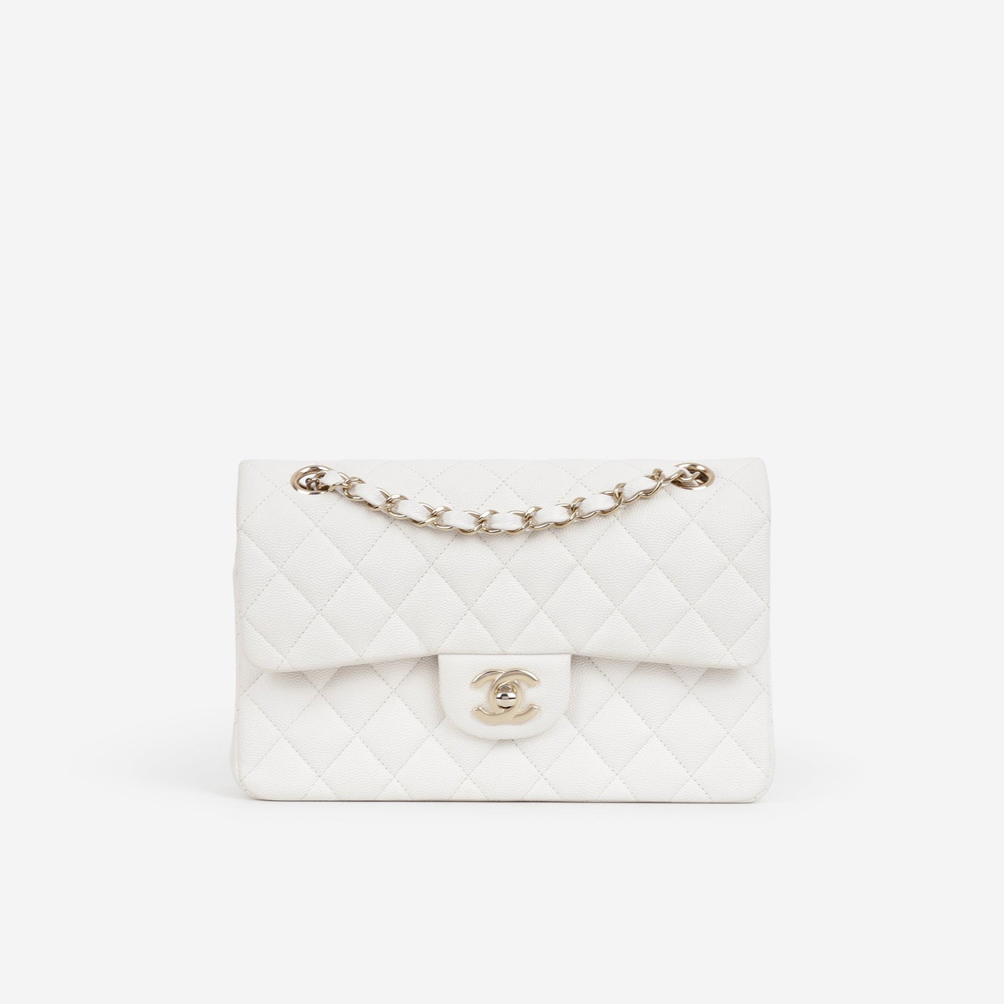 Chanel Small Classic Flap - White Caviar | Champagne Gold Hardware
