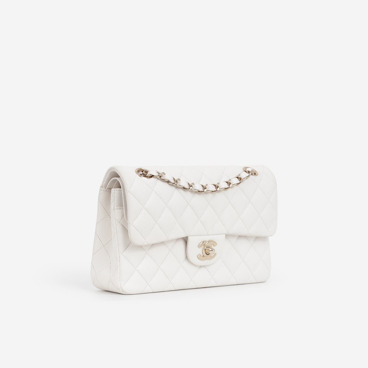 Chanel Small Classic Flap - White Caviar | Champagne Gold Hardware
