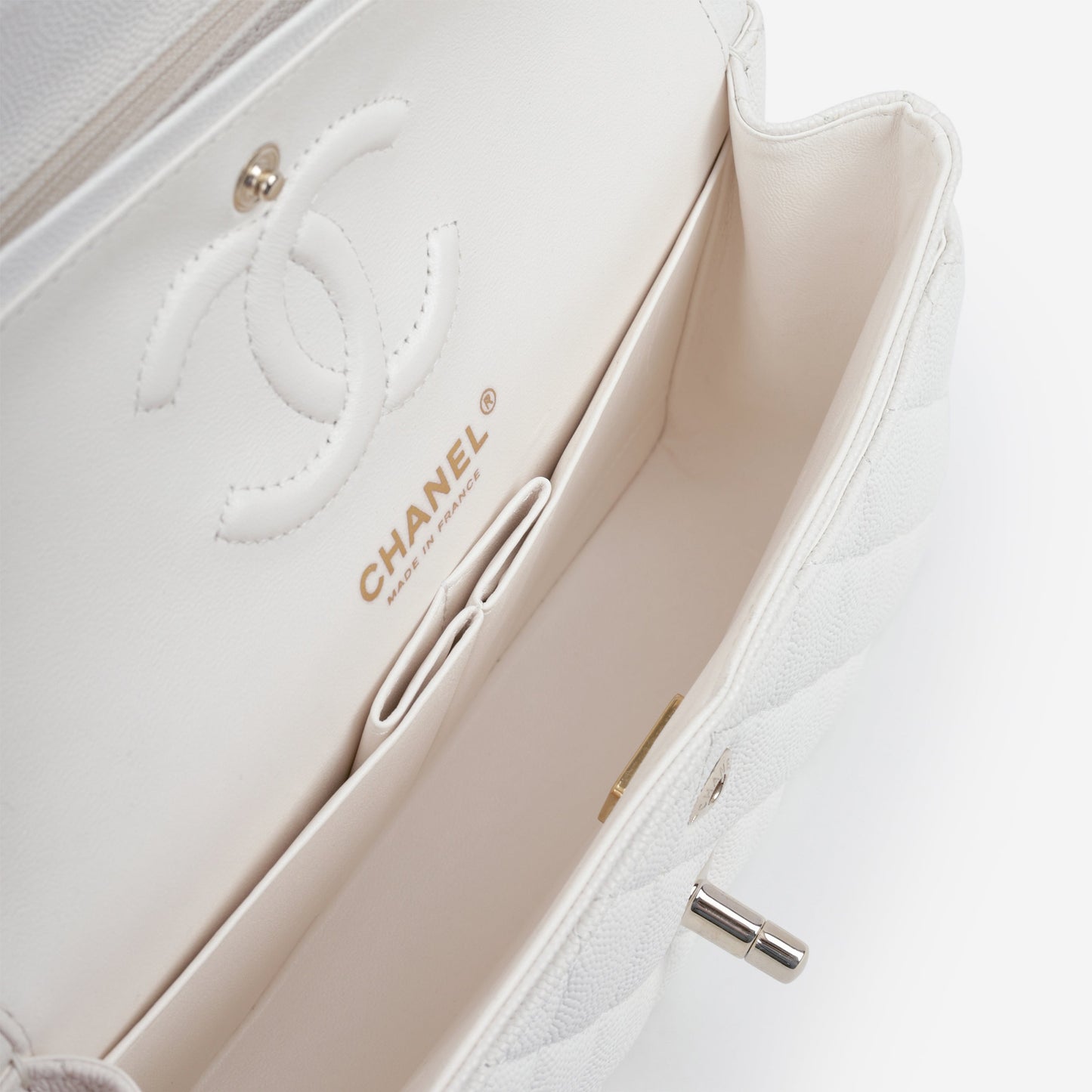Chanel Small Classic Flap - White Caviar | Champagne Gold Hardware