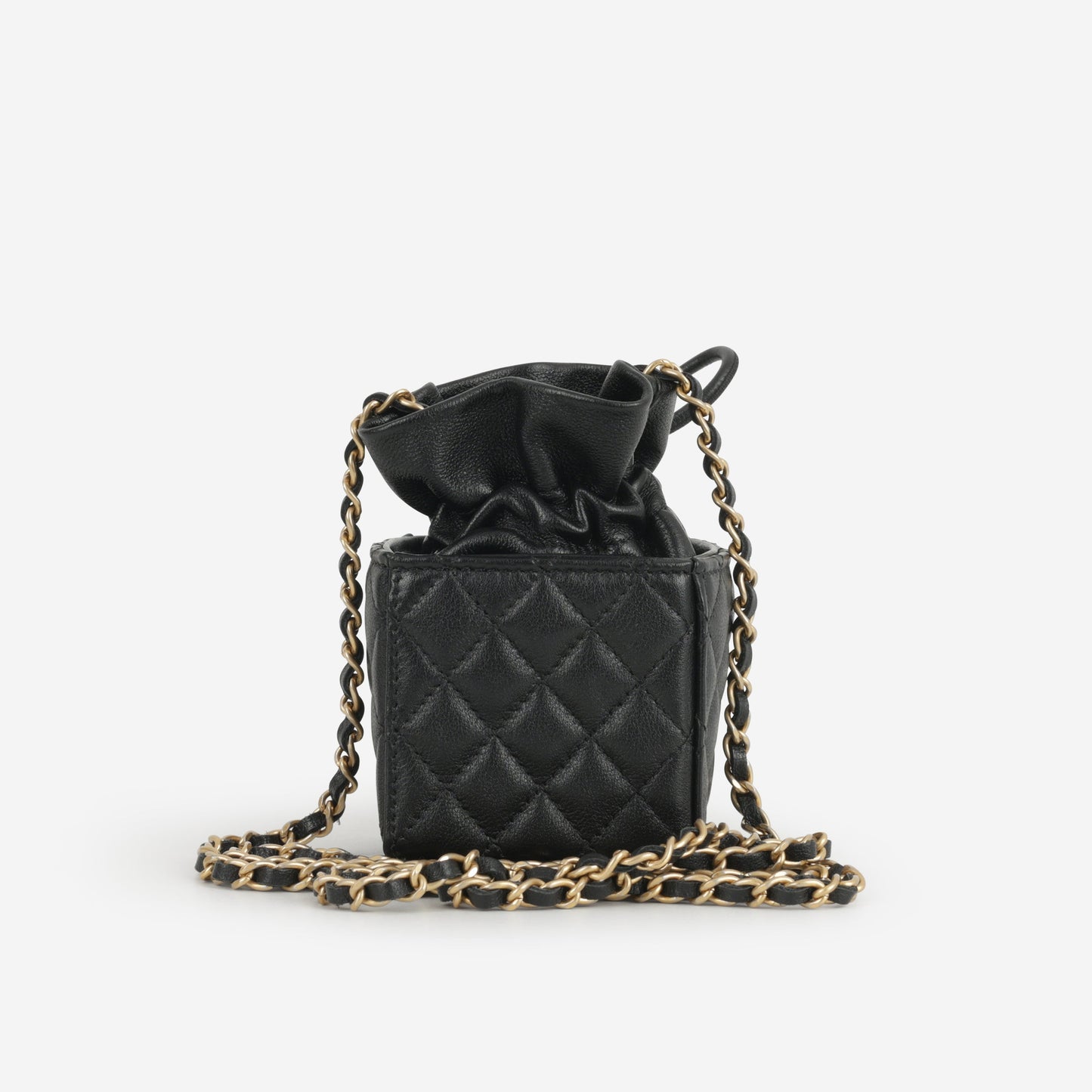 Chanel Micro Drawstring Bucket Bag - Black Lambskin | Aged Gold Hardware