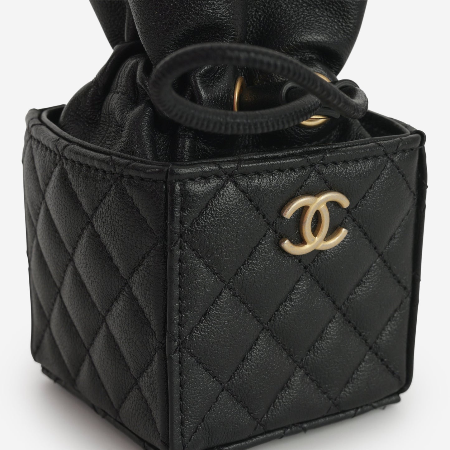 Chanel Micro Drawstring Bucket Bag - Black Lambskin | Aged Gold Hardware