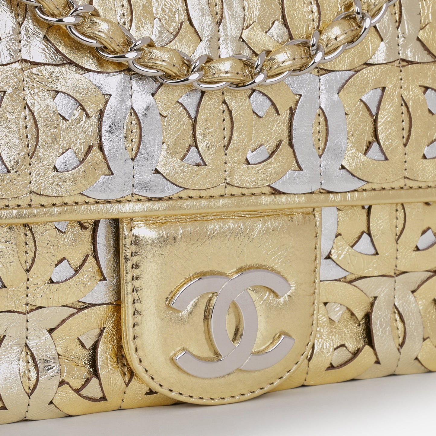 Chanel Chanel Laser Cut CC Flap - Silver / Gold Calfskin | Silver Hardware