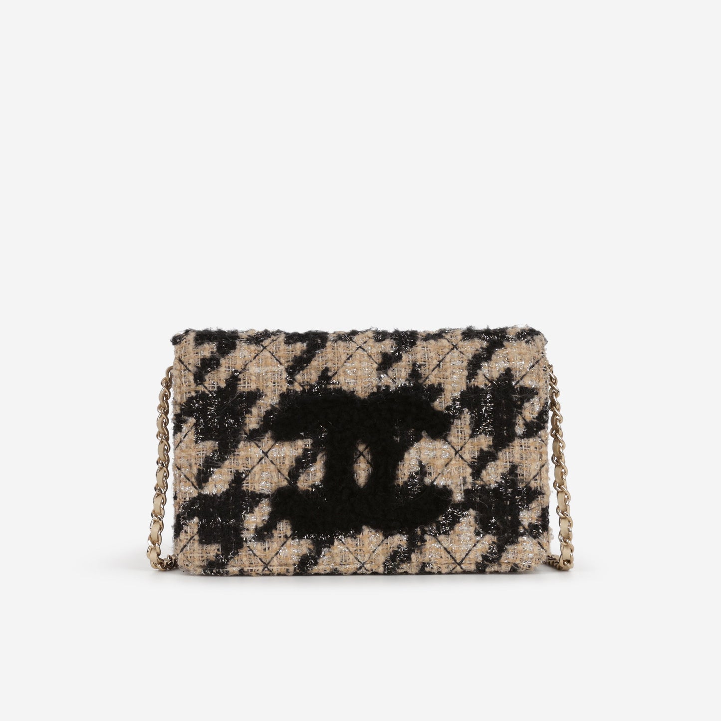 Chanel Wallet On Chain - Black / Beige Houndstooth | Champagne Gold Hardware