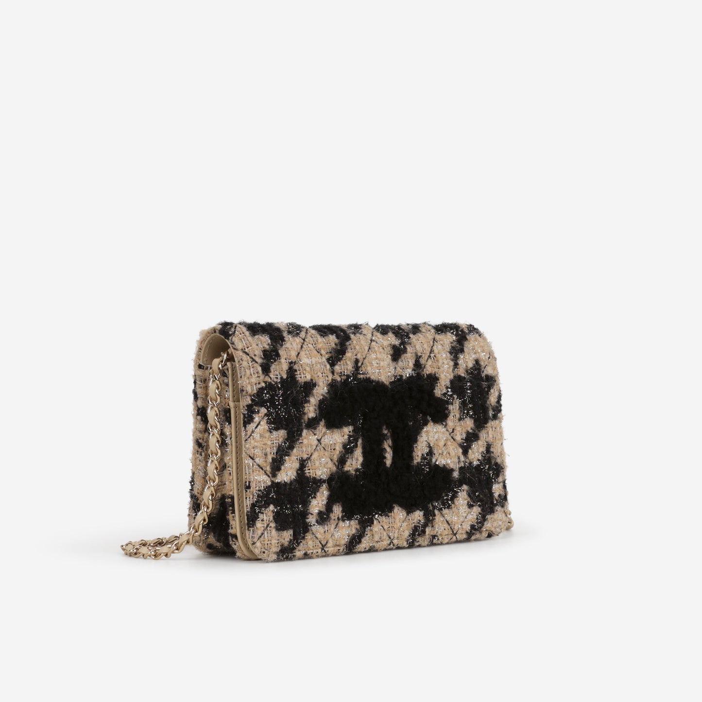 Chanel Wallet On Chain - Black / Beige Houndstooth | Champagne Gold Hardware