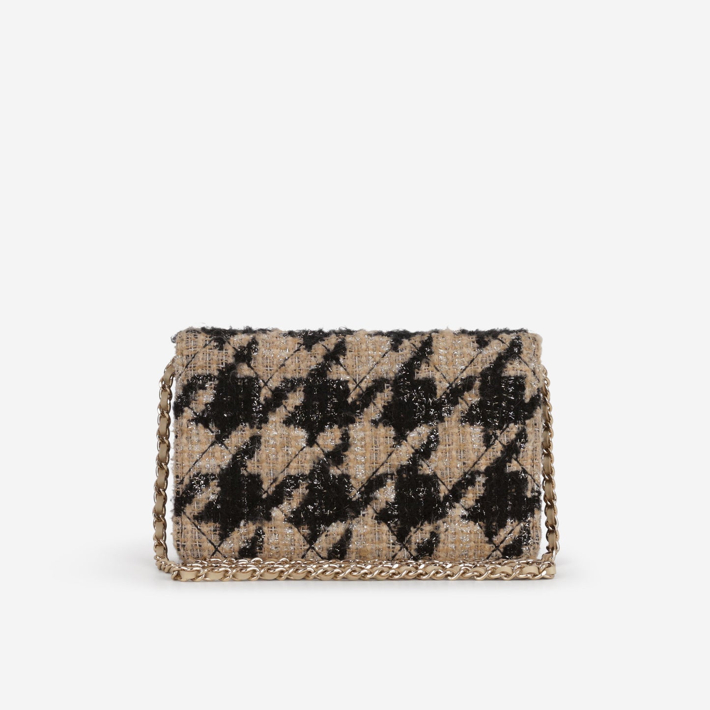 Chanel Wallet On Chain - Black / Beige Houndstooth | Champagne Gold Hardware