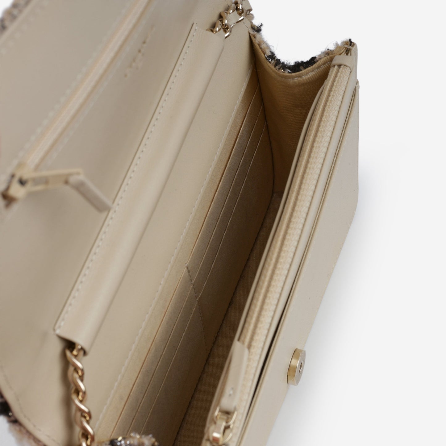 Chanel Wallet On Chain - Black / Beige Houndstooth | Champagne Gold Hardware