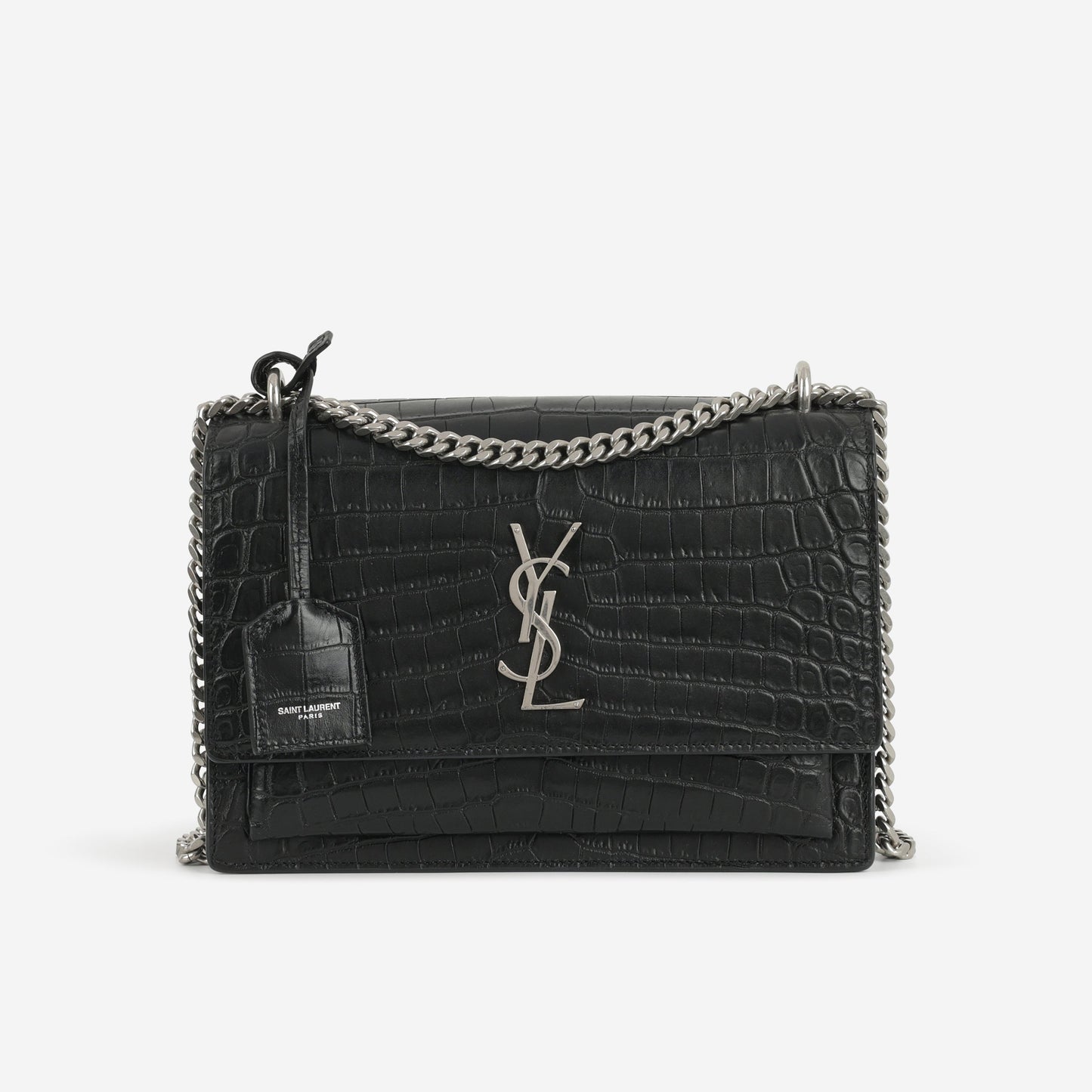 Saint Laurent Medium Sunset - Black Crocodile Embossed | Silver Hardware