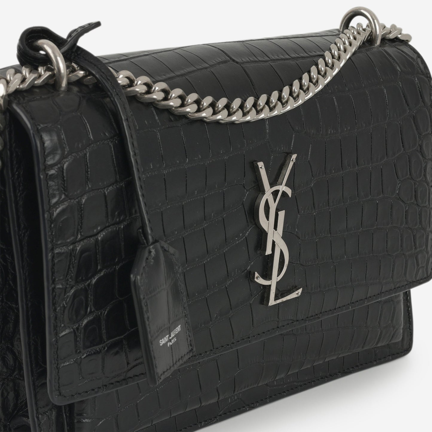 Saint Laurent Medium Sunset - Black Crocodile Embossed | Silver Hardware