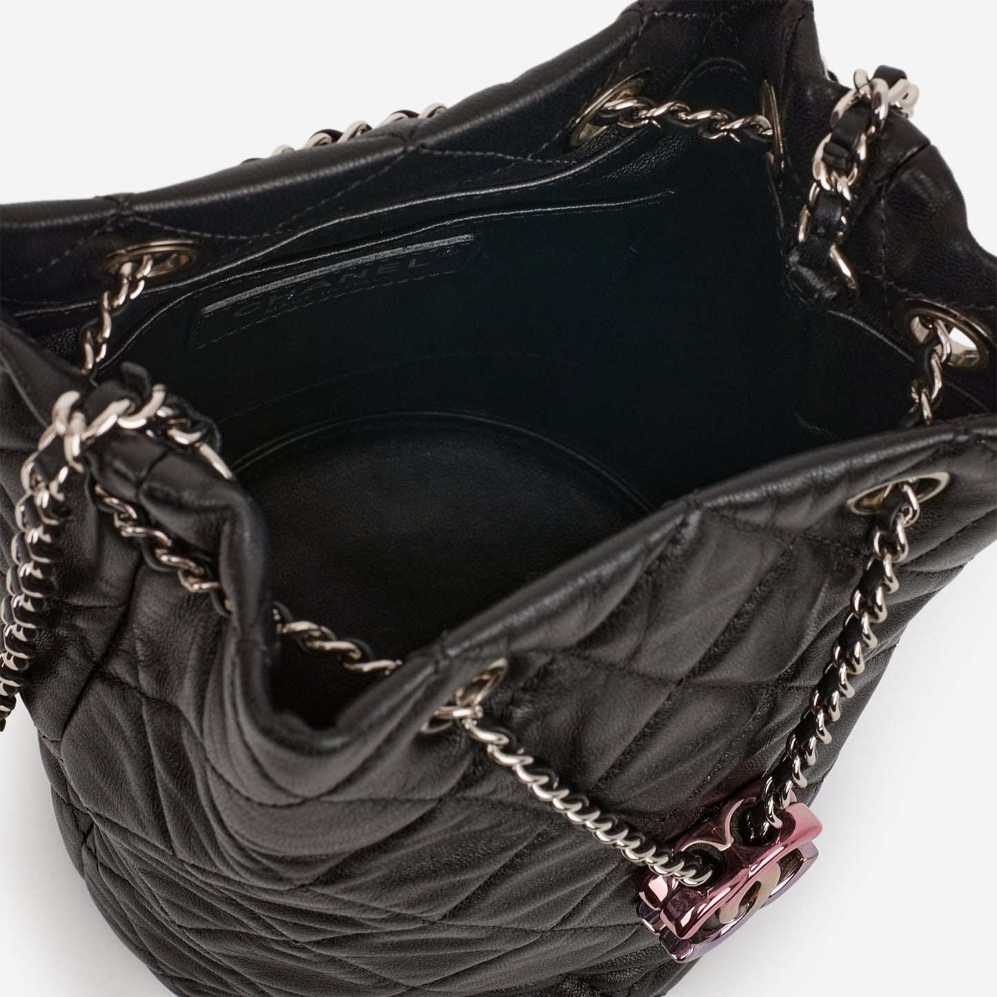 Chanel Rainbow CC Drawstring Bucket Bag - Black Lambskin | Rainbow CC Hardware