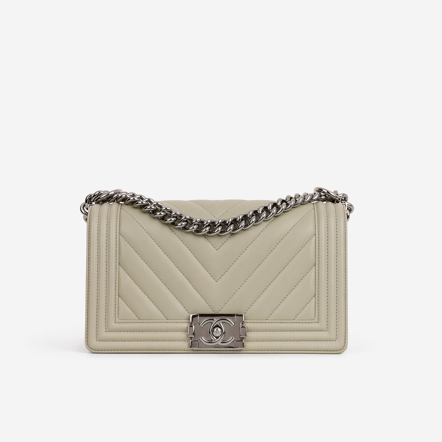 Chanel Old Medium Boy Bag - Grey Chevron | Silver Hardware