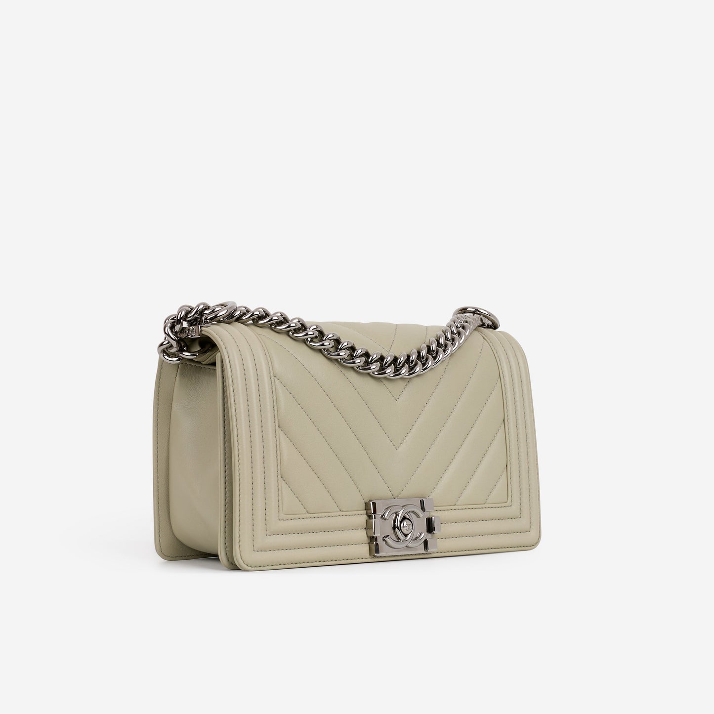 Chanel Old Medium Boy Bag - Grey Chevron | Silver Hardware