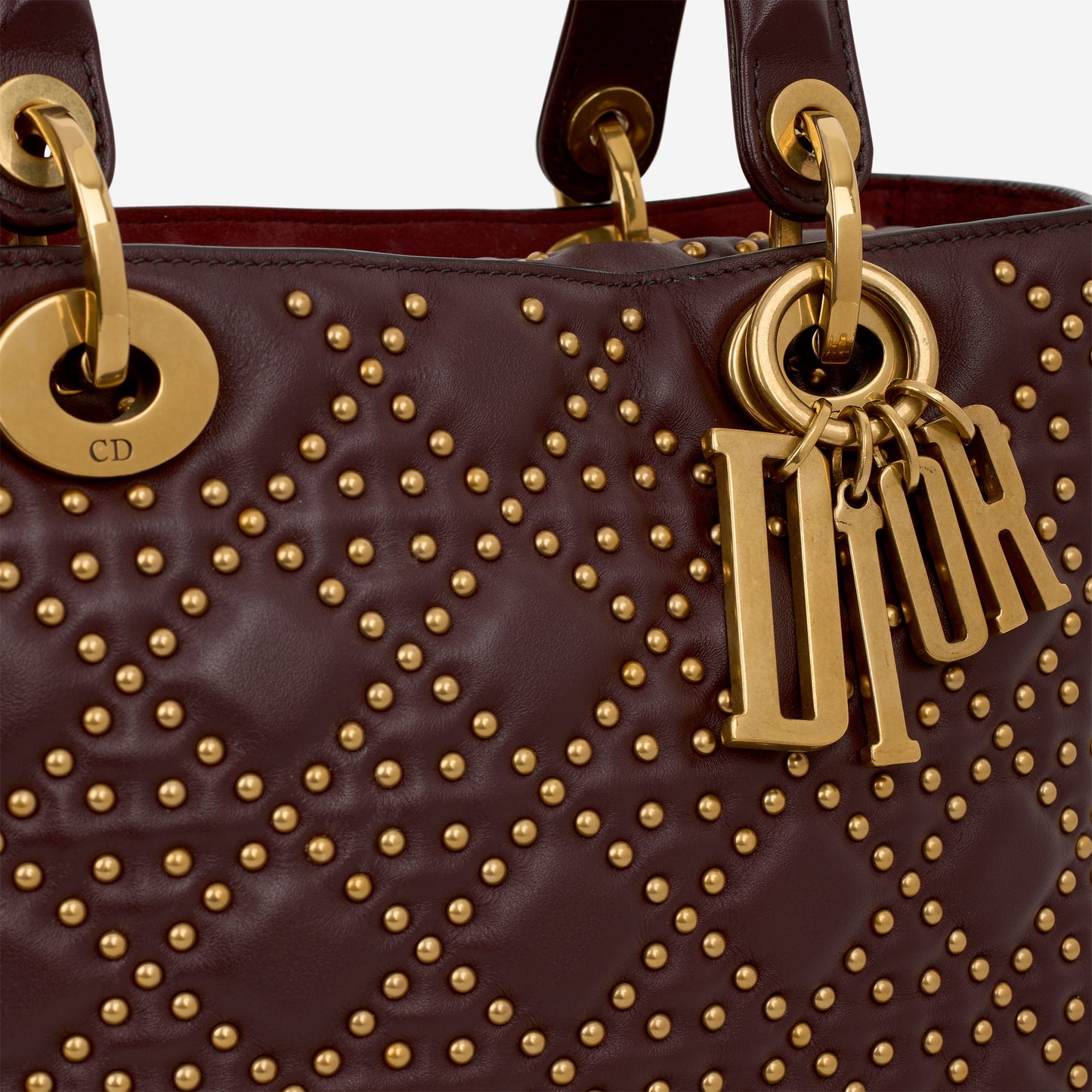 Dior Medium Lady Dior - Burgundy Studded Lambskin | Gold Hardware