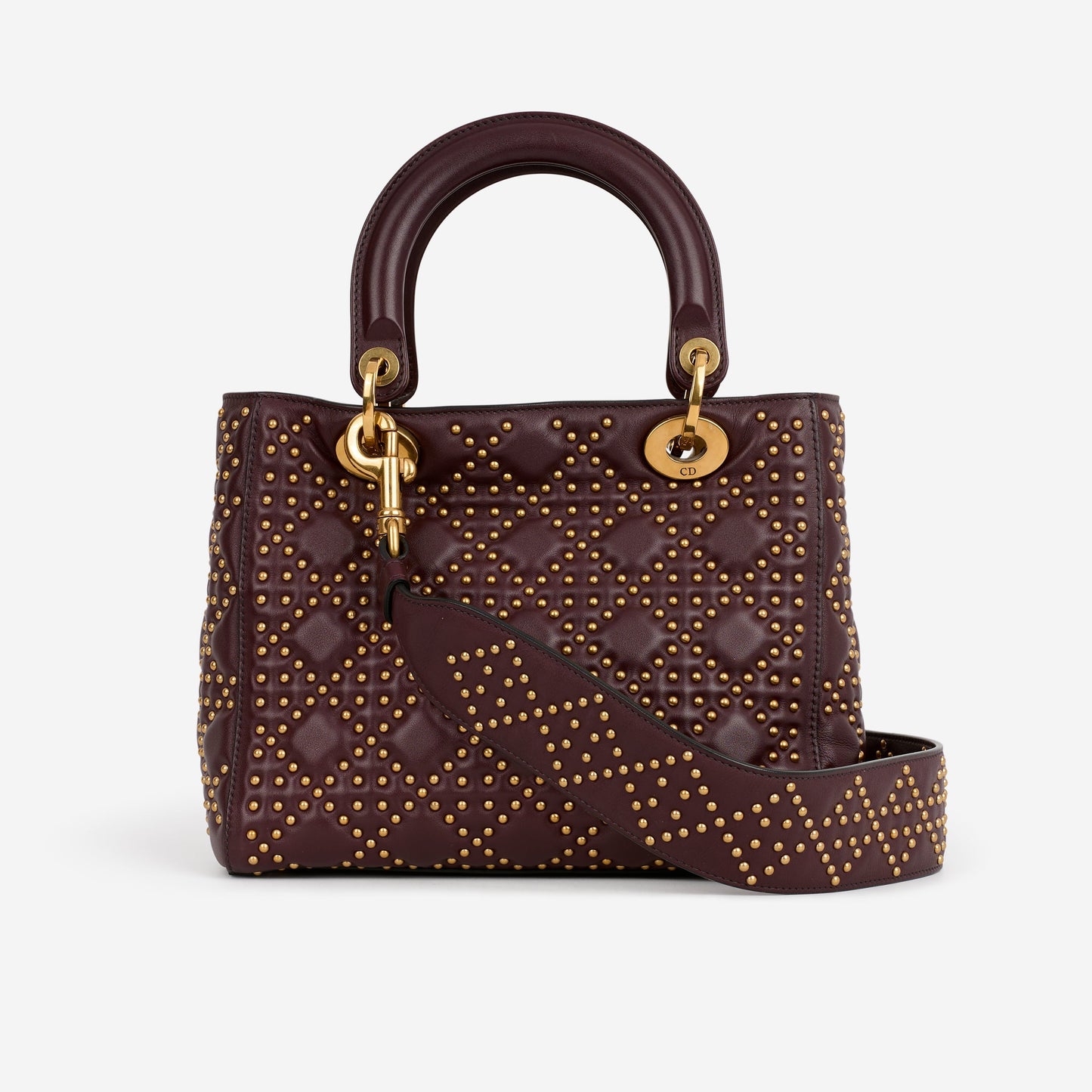 Dior Medium Lady Dior - Burgundy Studded Lambskin | Gold Hardware