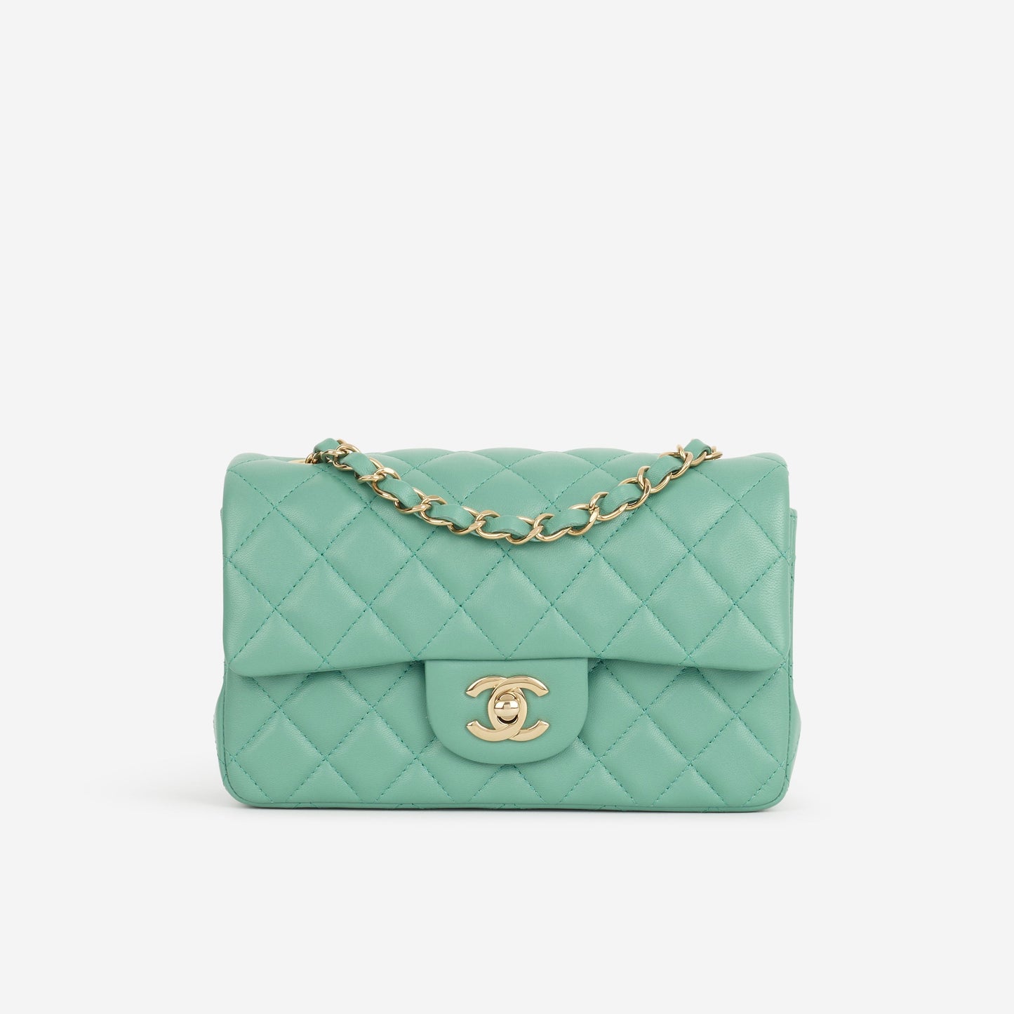 Chanel Mini Rectangular - Green Lambskin | Champagne Gold Hardware