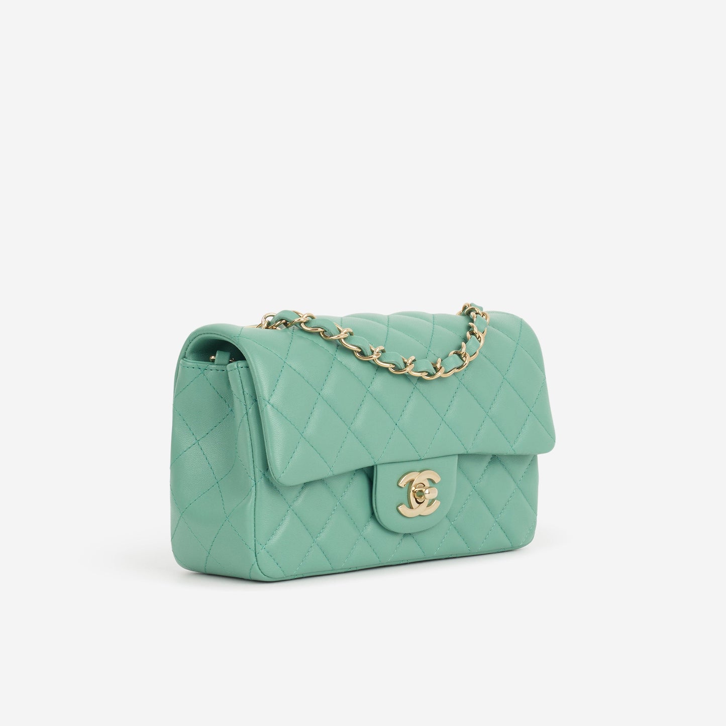 Chanel Mini Rectangular - Green Lambskin | Champagne Gold Hardware