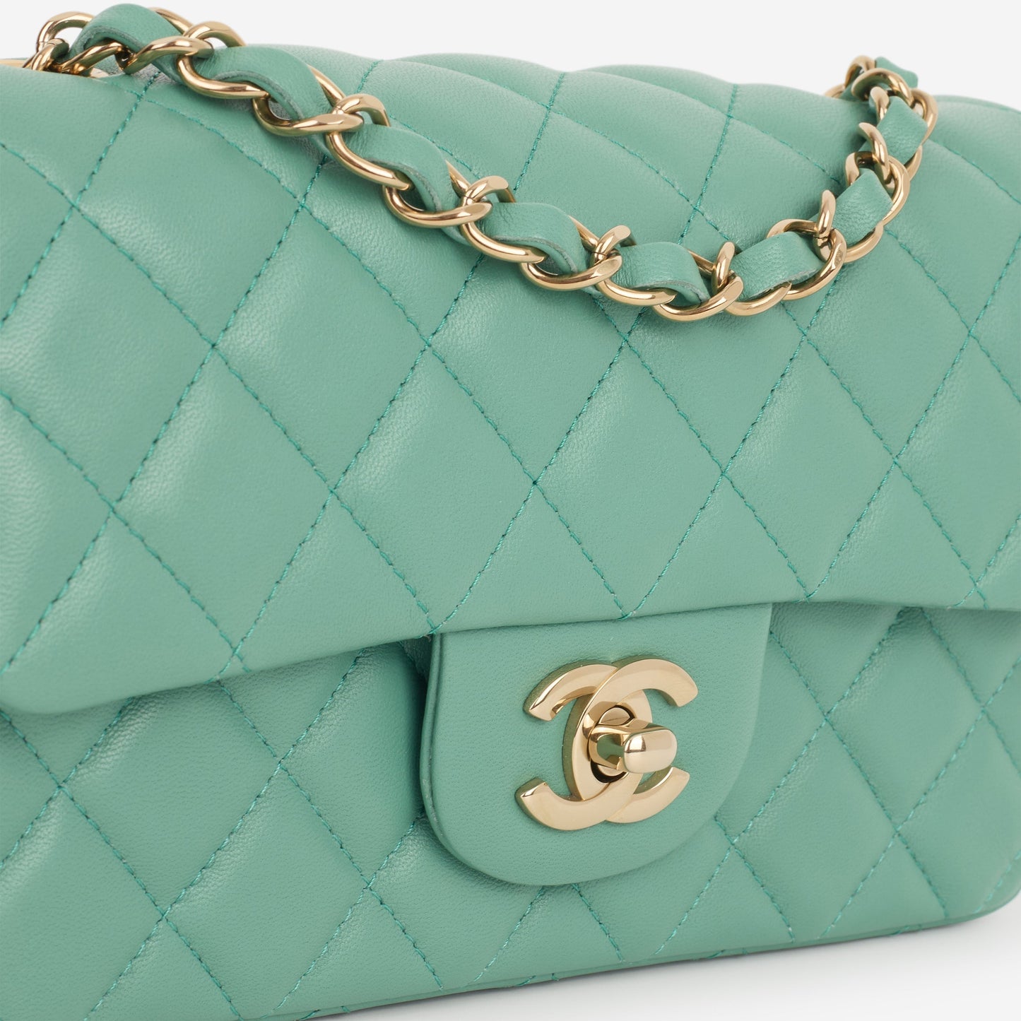 Chanel Mini Rectangular - Green Lambskin | Champagne Gold Hardware