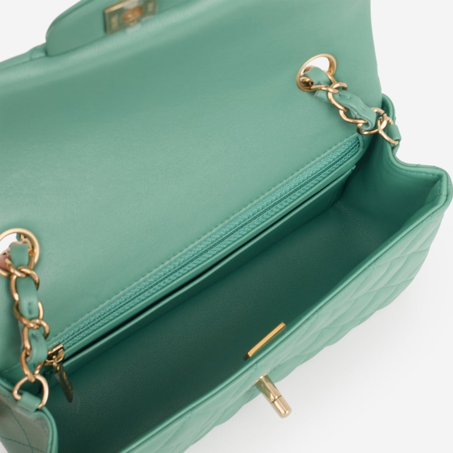 Chanel Mini Rectangular - Green Lambskin | Champagne Gold Hardware