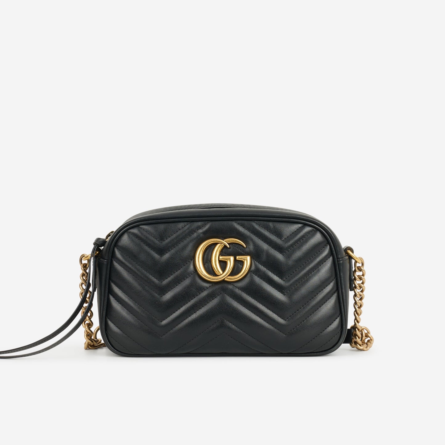 Gucci GG Marmont Camera Bag - Black Chevron Calfskin | Gold Hardware