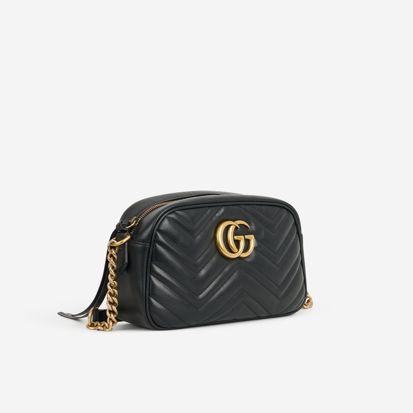Gucci GG Marmont Camera Bag - Black Chevron Calfskin | Gold Hardware