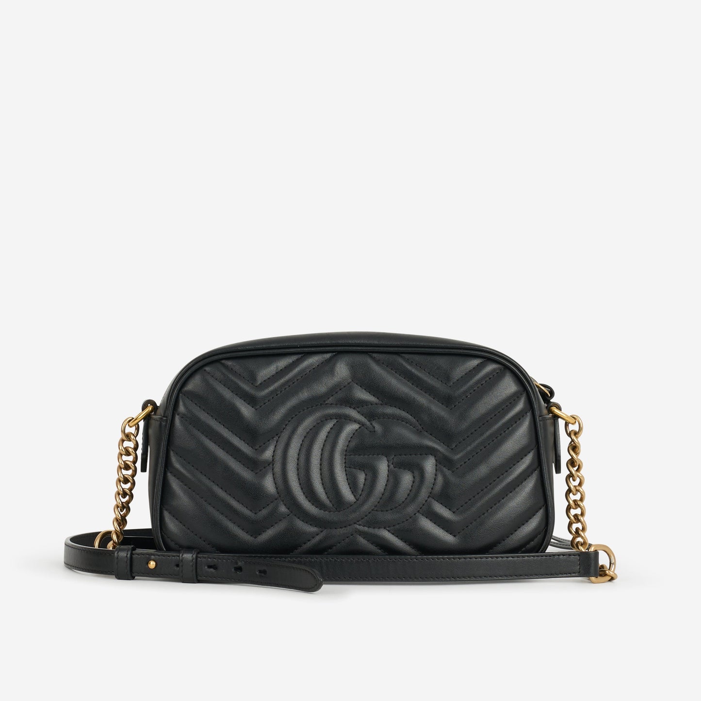 Gucci GG Marmont Camera Bag - Black Chevron Calfskin | Gold Hardware