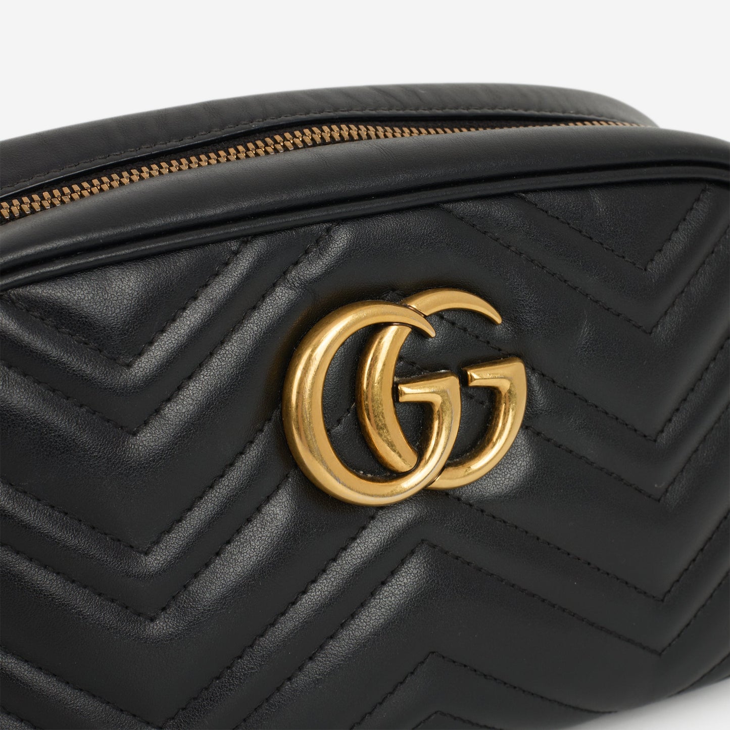 Gucci GG Marmont Camera Bag - Black Chevron Calfskin | Gold Hardware