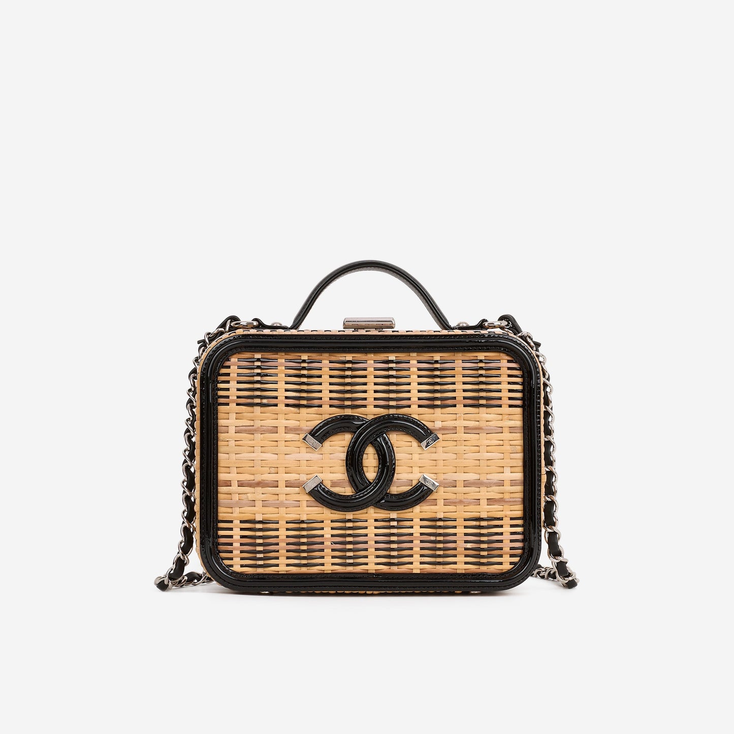 Chanel Medium Filigree CC Vanity Case - Beige/Black Patent | Silver Hardware