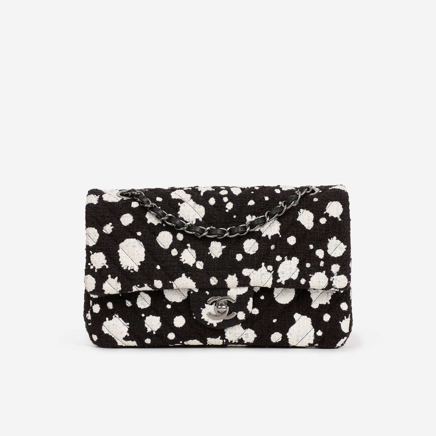 Chanel Medium Classic Flap Bag - Black / White Splatter Tweed | Silver Hardware