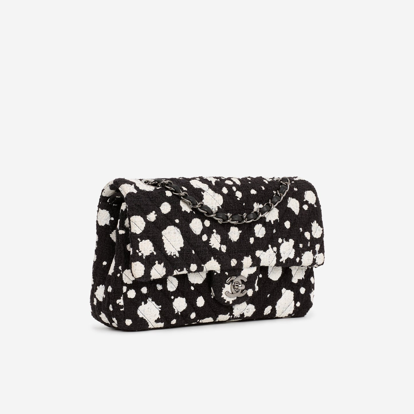 Chanel Medium Classic Flap Bag - Black / White Splatter Tweed | Silver Hardware