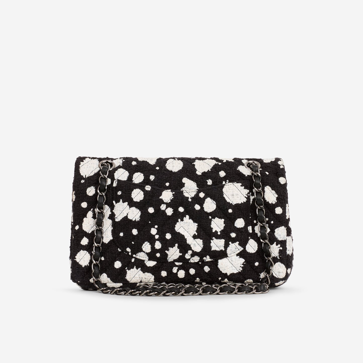 Chanel Medium Classic Flap Bag - Black / White Splatter Tweed | Silver Hardware
