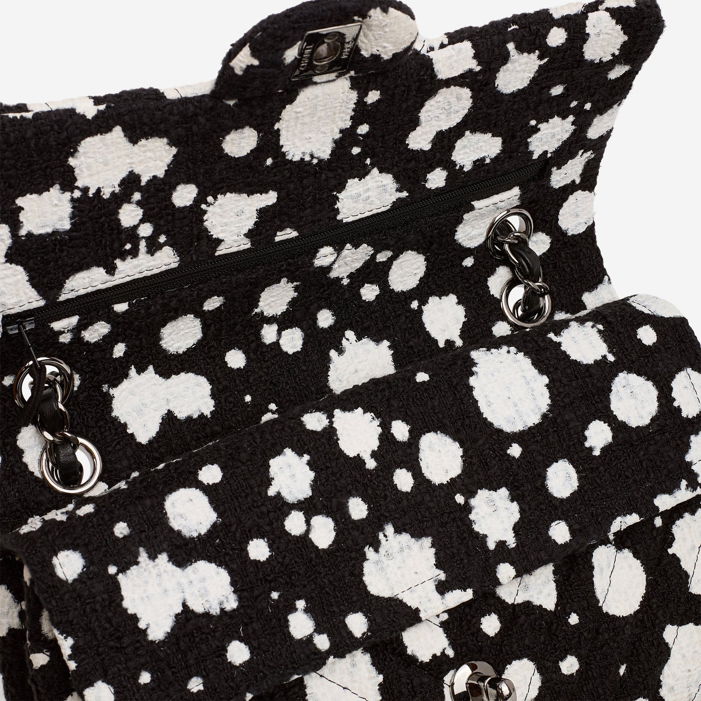 Chanel Medium Classic Flap Bag - Black / White Splatter Tweed | Silver Hardware