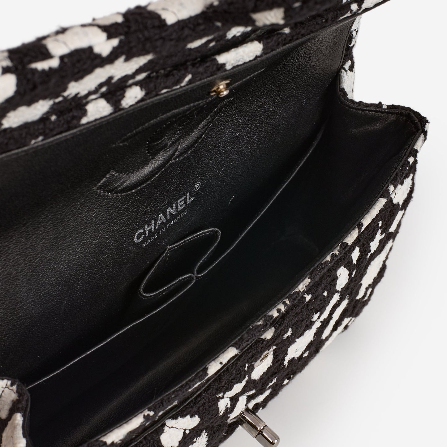 Chanel Medium Classic Flap Bag - Black / White Splatter Tweed | Silver Hardware