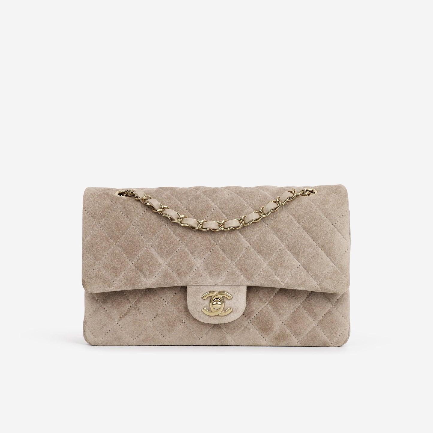 Chanel Medium Classic Flap - Grey Suede | Champagne Gold Hardware