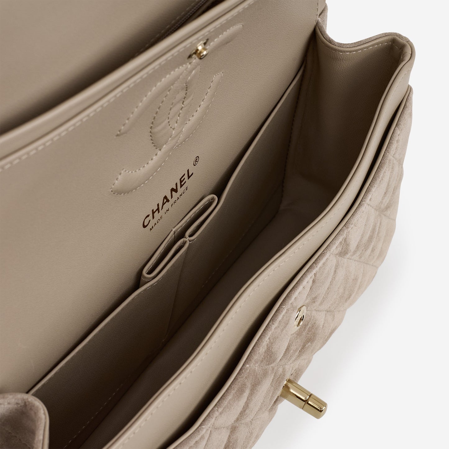 Chanel Medium Classic Flap - Grey Suede | Champagne Gold Hardware