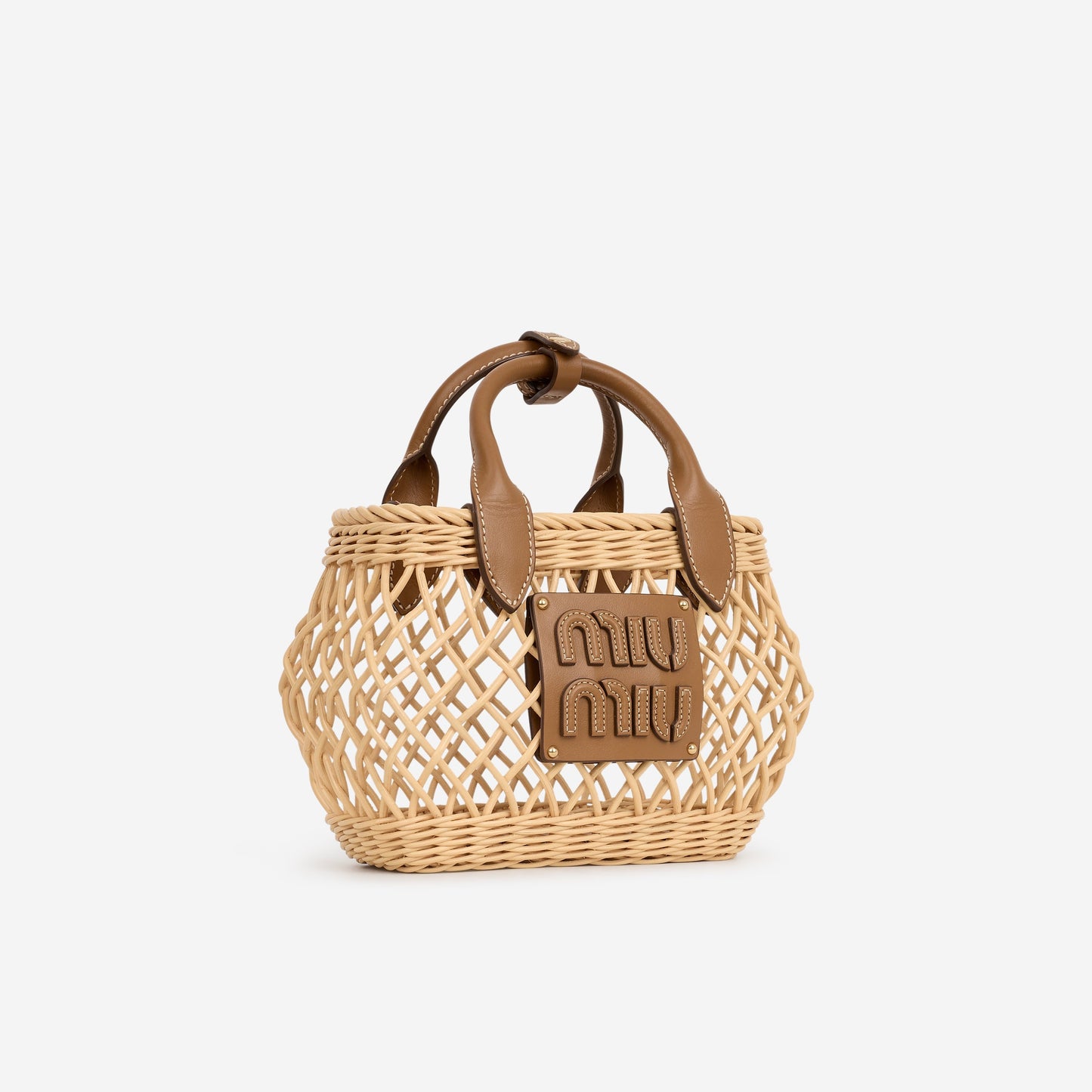 Miu Miu Mini Woven Basket - Natural Rattan Calfskin | Gold Hardware